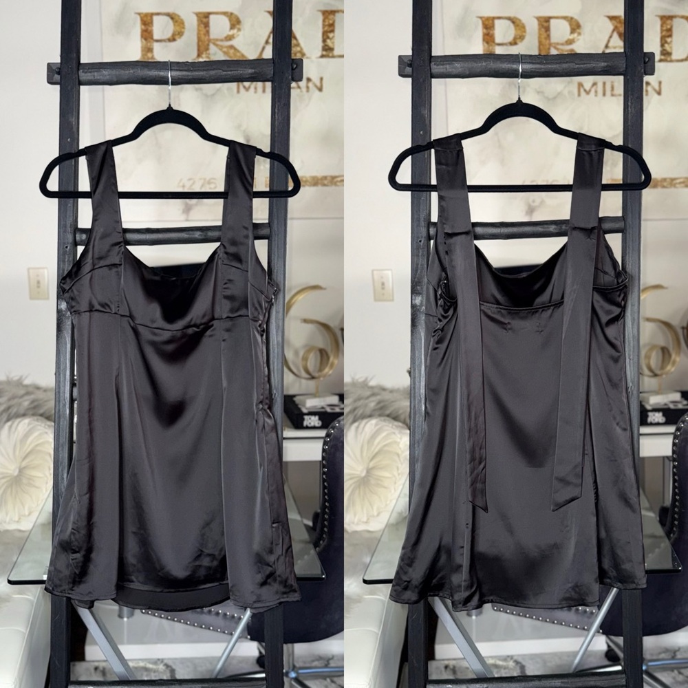 Urban Outfitters Bri Double Bow Satin Mini Dress Black Womens Large EUC $59 - Picture 4 of 12